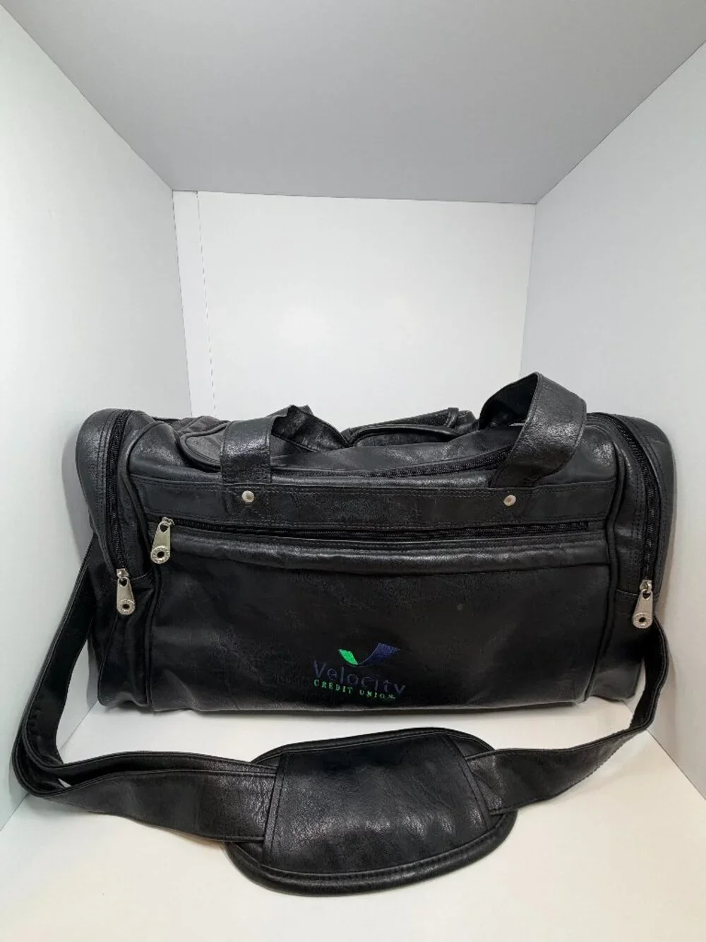 Golden Pacific Black Faux Leather Duffle Bag with Velocity Credit Union Logo